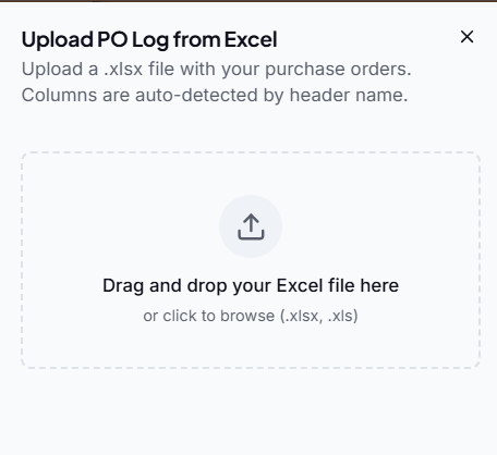 Upload PO Log dialog: drag and drop an .xlsx file, columns auto-detected by header name